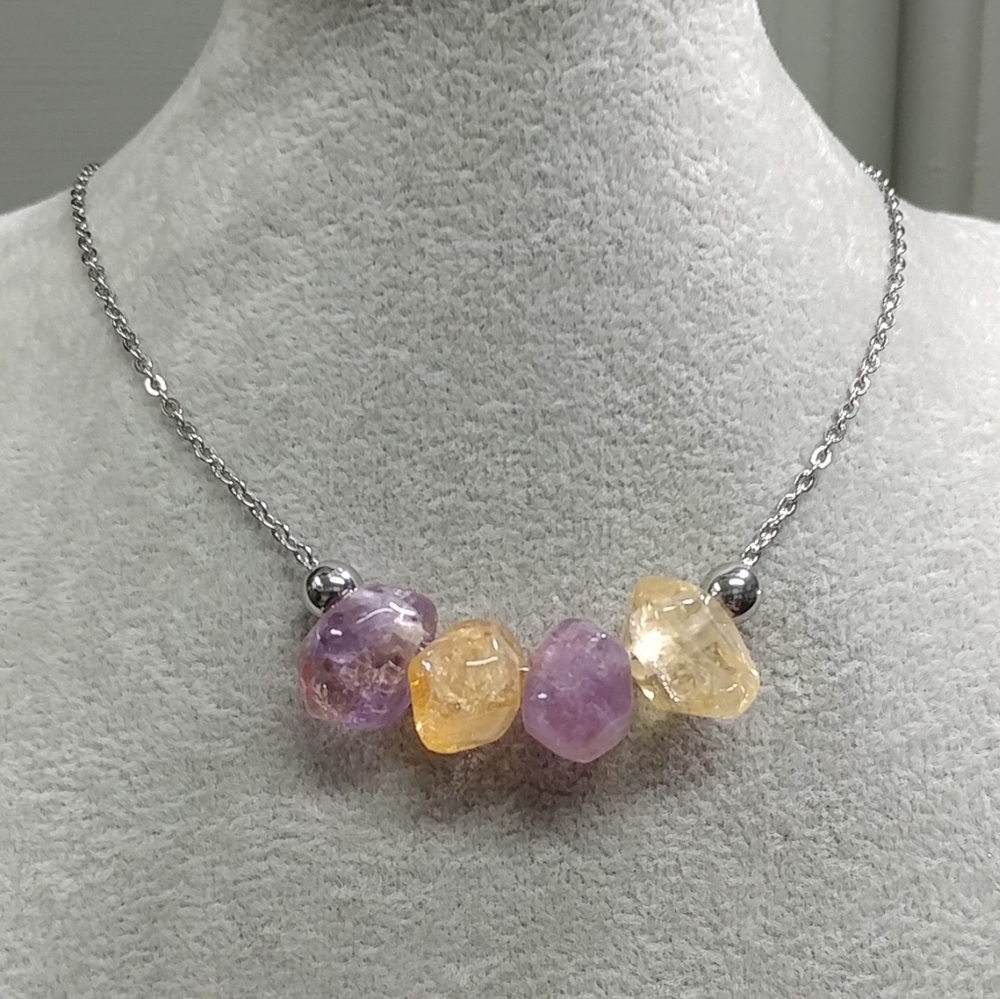 Citrine Amethyst Necklace Natural Gemstone Crystal Pendant Stainless-Steel 19.5"